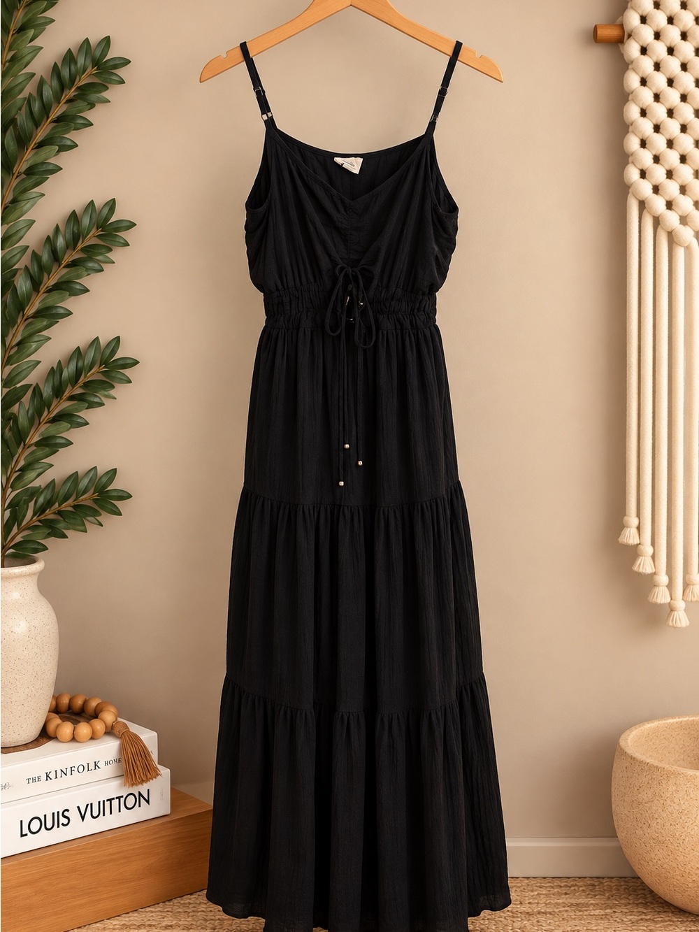 Black Sleeveless Maxi Dress with Drawstring Waist